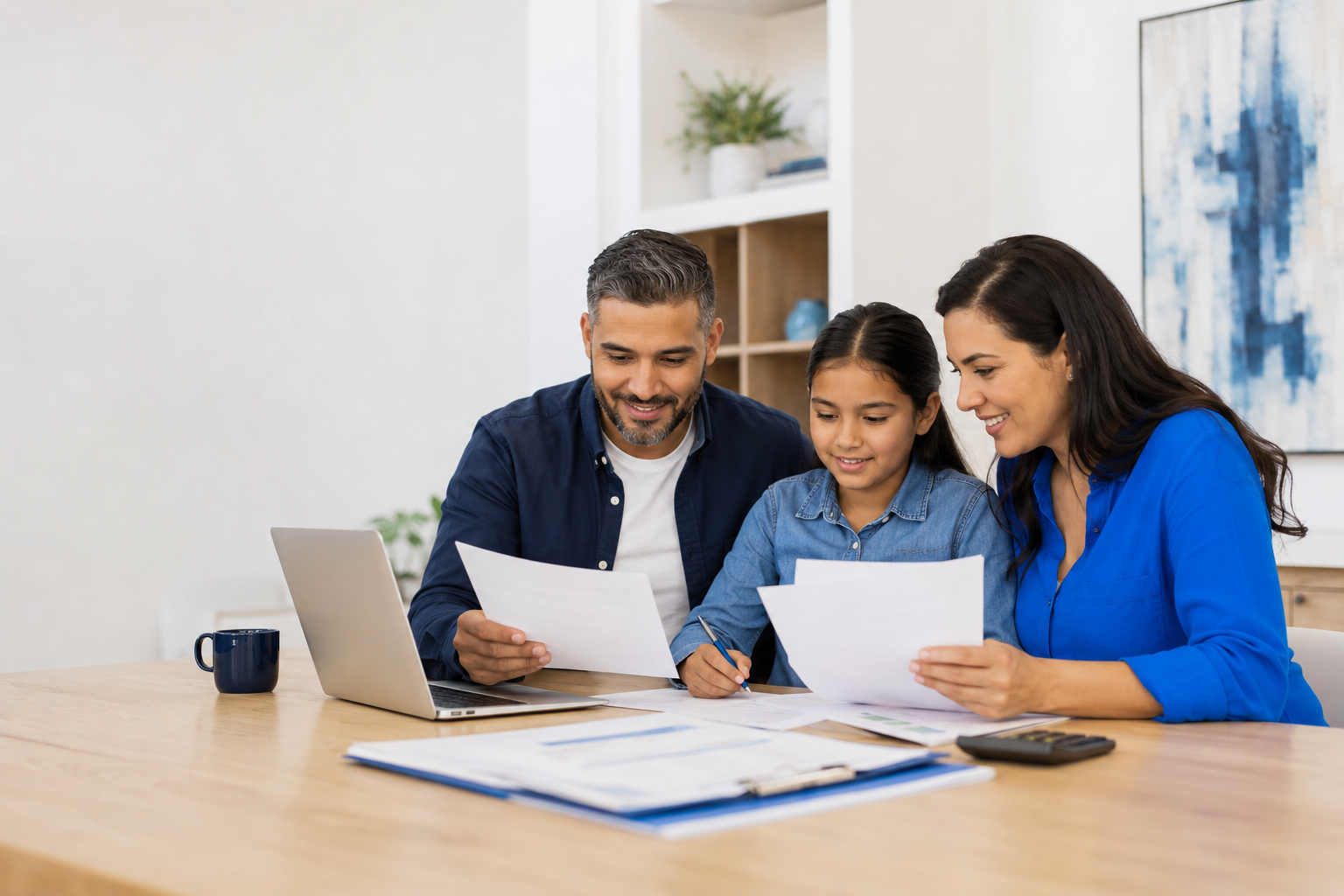 Family preparing tax documents